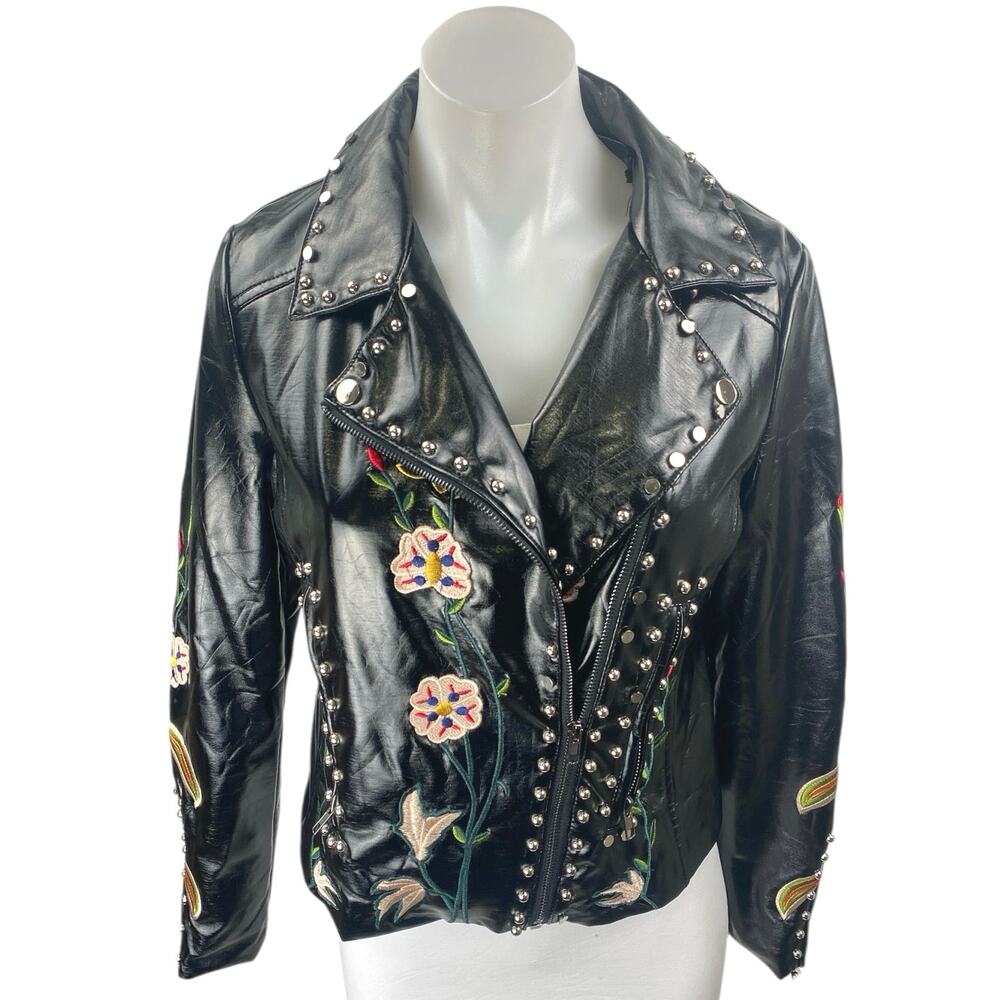 Elli White Black Faux Leather Floral Embroidered Studded Moto Biker Jacket Sz S